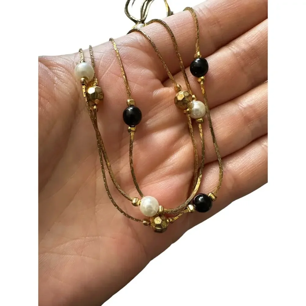 White, Black and Gold Three Strand Necklace